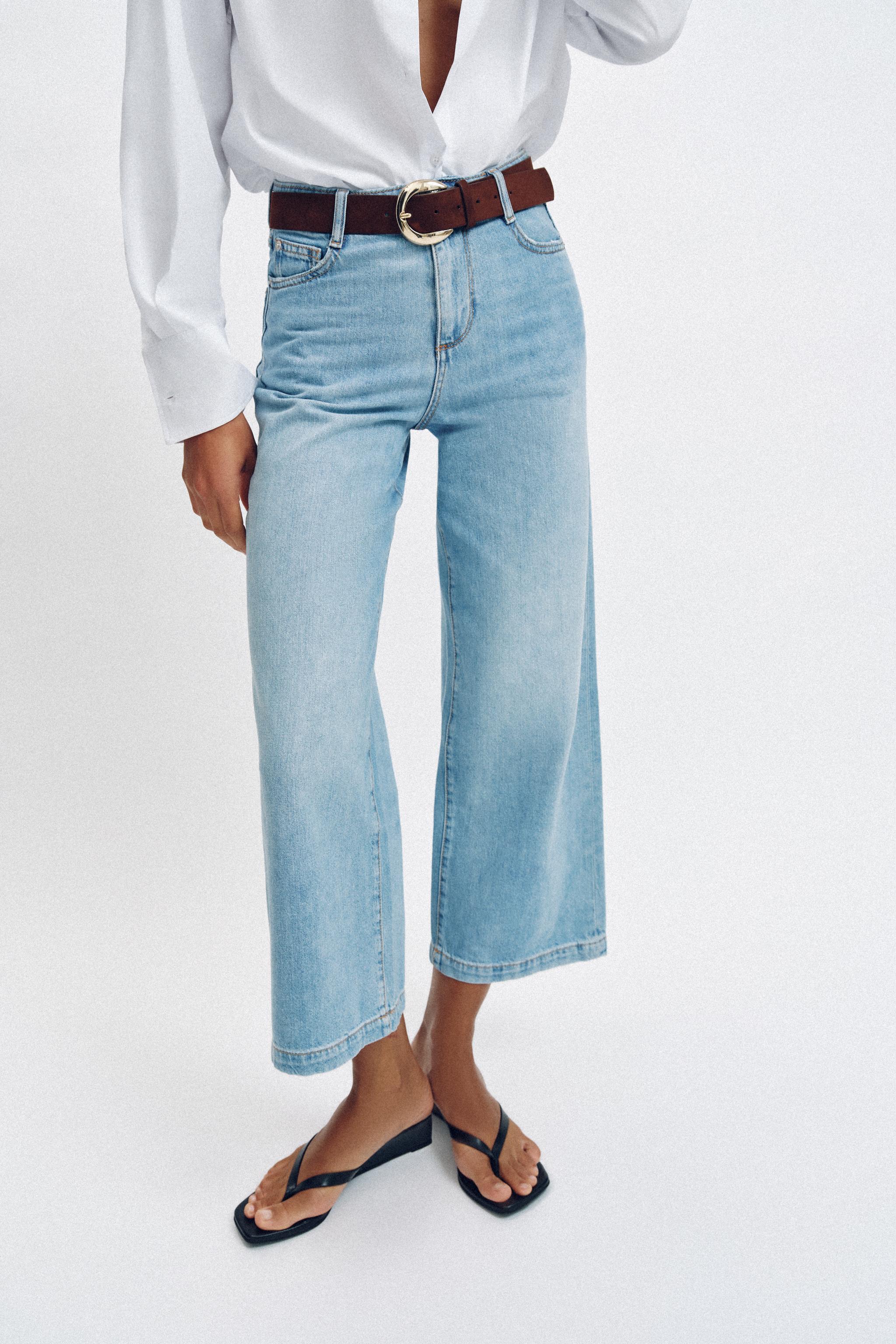 HIGH-WAISTED WIDE LEG CROPPED BELTED JEANS